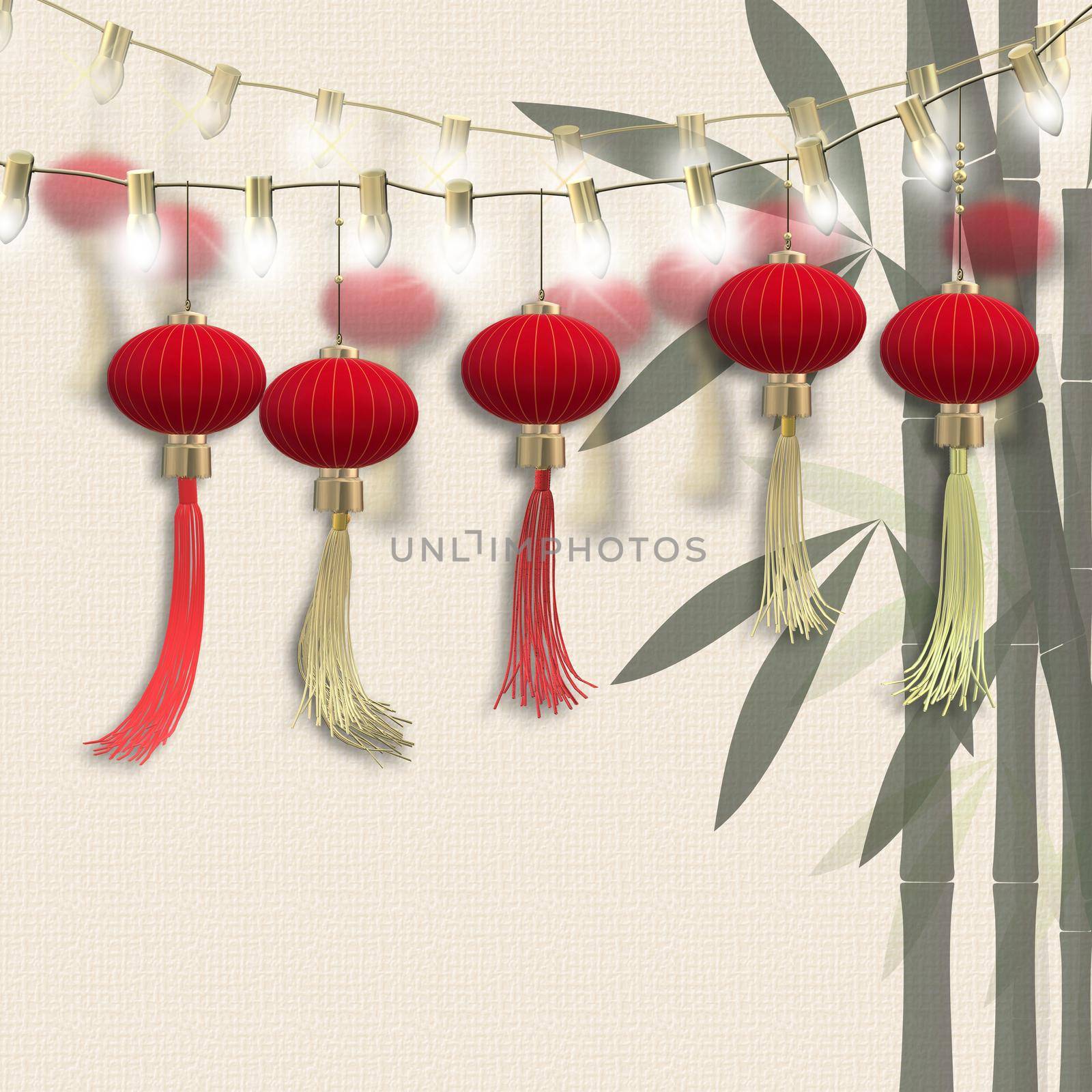 Lantern festival card. Hanging lanterns, bamboo on white blue abstract background. Place for text, mock. 3D illustration
