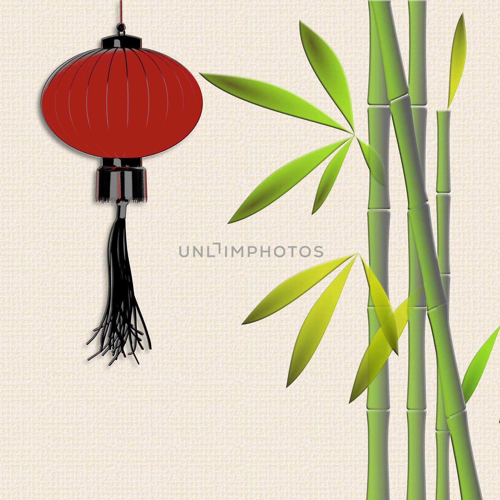 Red hanging lanterns, bamboo on pSTEL yellow background. Traditional Asian decor for Lantern festival, mid autumn celebration, Chinese New Year. Place for text. 3D illustration