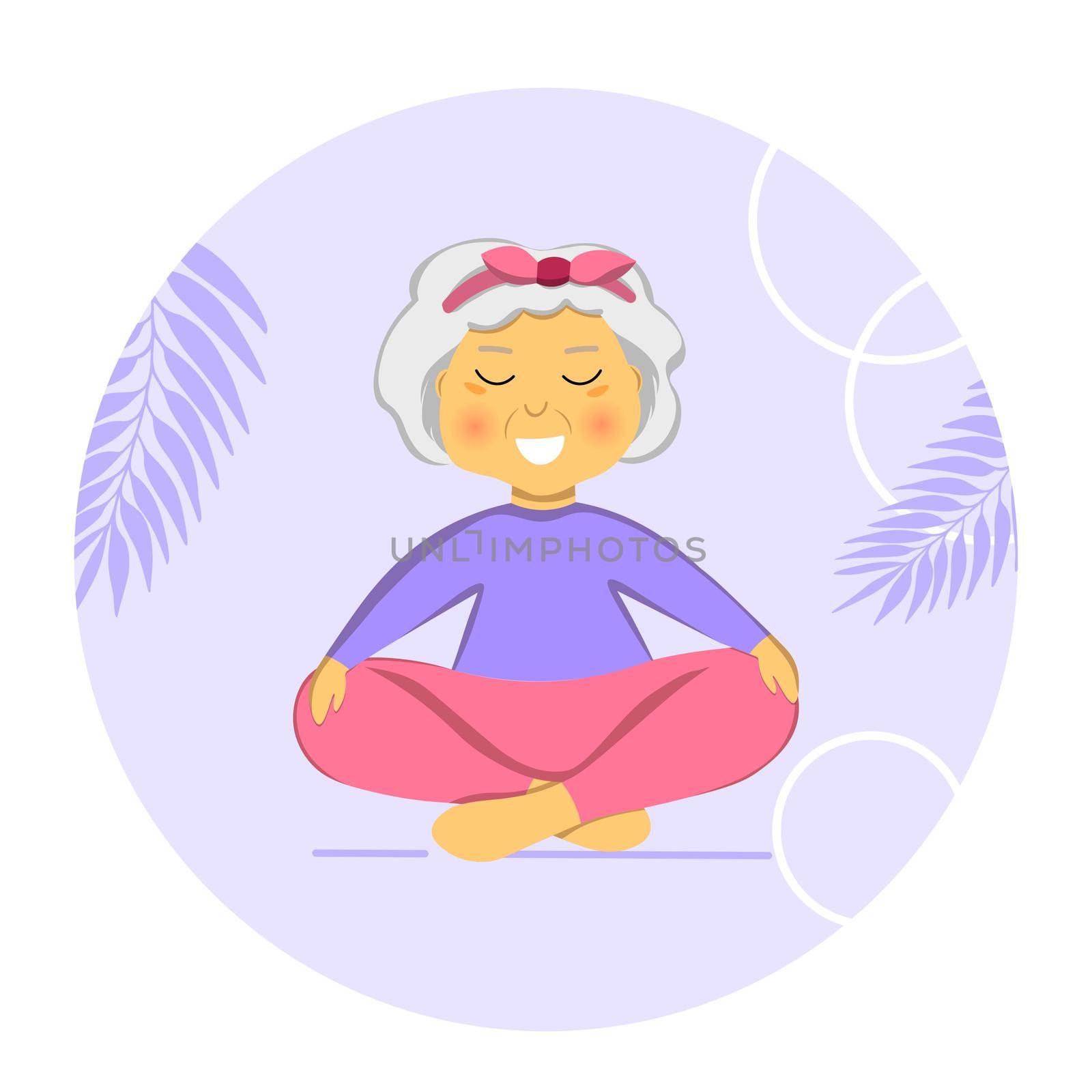 Sporty Granny does Yoga. Old person. Vector colorful cartoon illustration. Senior woman in pose yoga. Exercising for better health. Isolated flat image. Grandma. Grandmother character.
