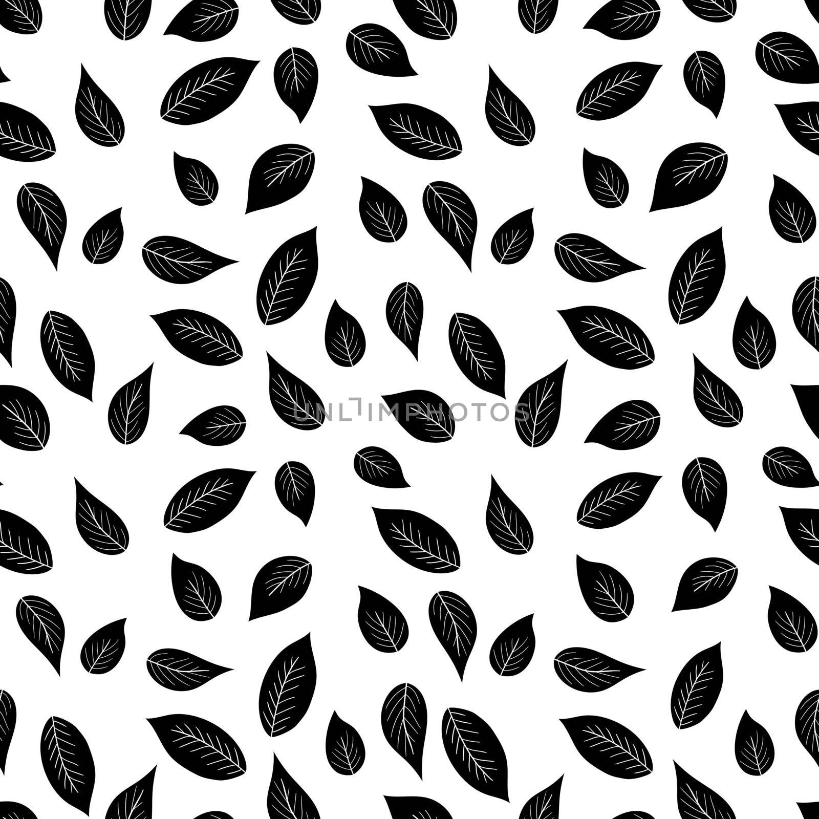 Floral seamless pattern with black silhouette leaves on white background. Tropic branches. Fashion vector stock illustration for wallpaper, posters, card, fabric, textile. by allaku