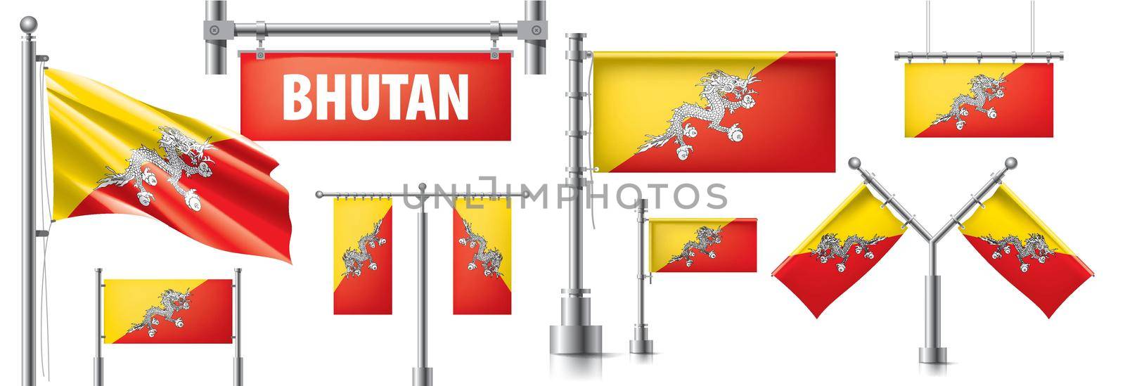 Vector set of the national flag of Bhutan in various creative designs by butenkow