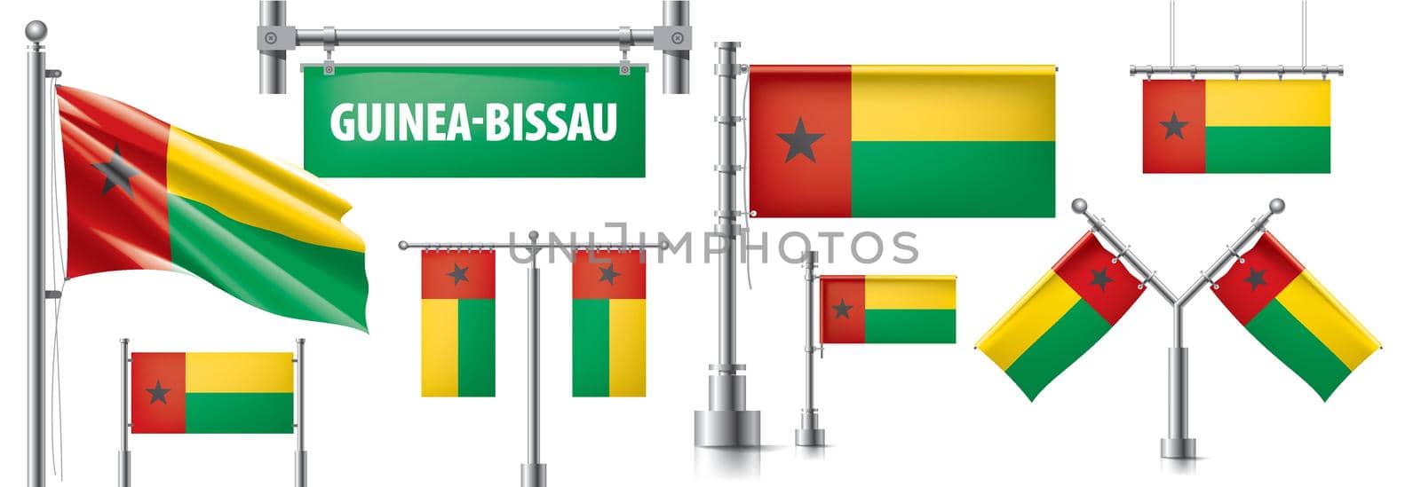 Vector set of the national flag of Guinea Bissau in various creative designs.