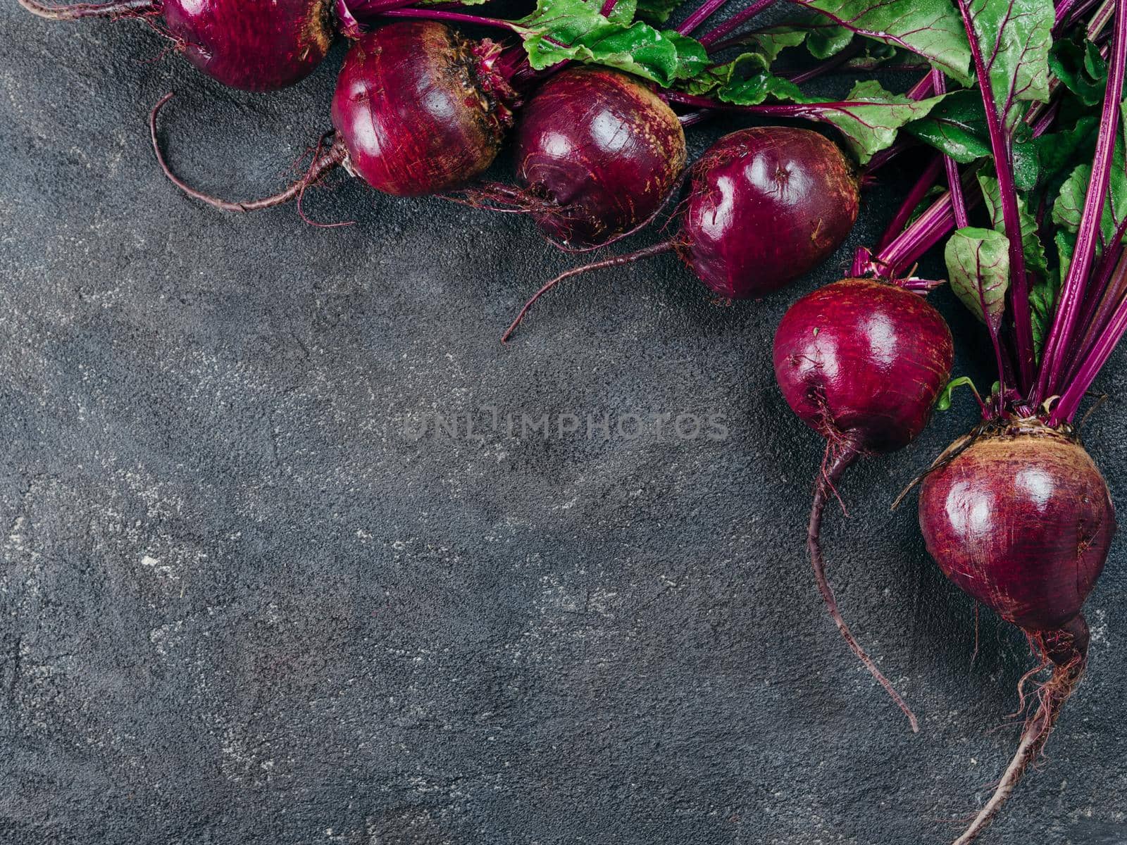 Beet, beetroot bunch on dark stone or concrete background. Fresh ripe beetroot with leaf on dark table. Copy space. Top view or flat lay