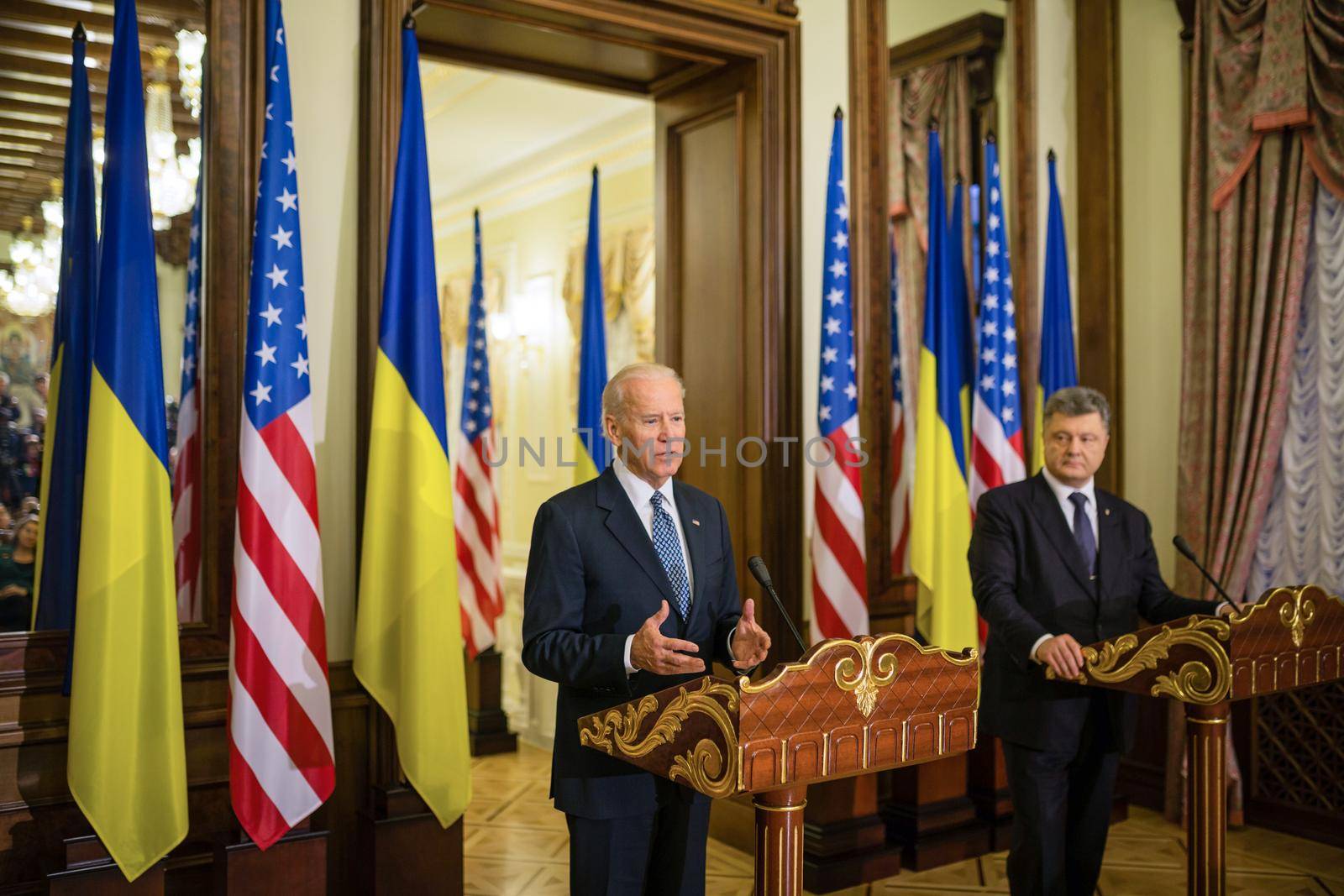 KIEV, UKRAINE - Dec 07, 2015: vice president of USA Joe Biden and President of Ukraine Petro Poroshenko during their press conference in Kiev