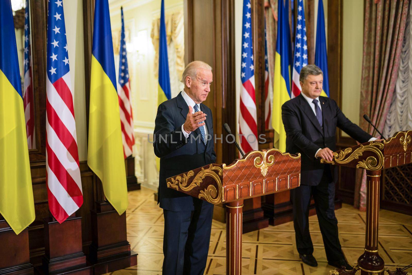 KIEV, UKRAINE - Dec 07, 2015: vice president of USA Joe Biden and President of Ukraine Petro Poroshenko during their press conference in Kiev