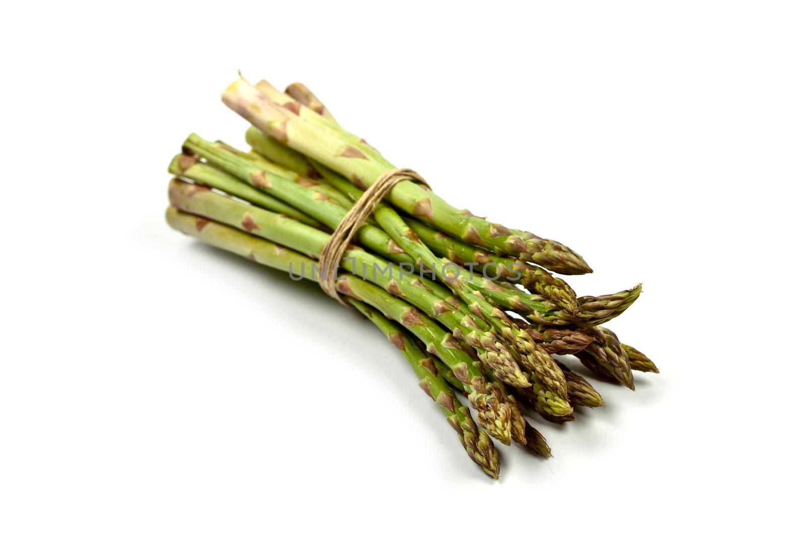 Bunch of fresh raw garden asparagus isolated on white background. Green spring vegetables.  by marylooo