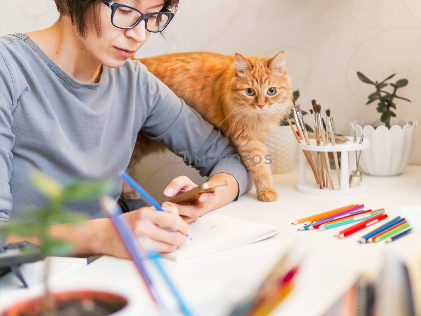 Woman with short hair cut is drawing in notebook. Cute ginger cat sits near her. Fluffy pet and artist. Calming hobby, anti stress leisure. by aksenovko