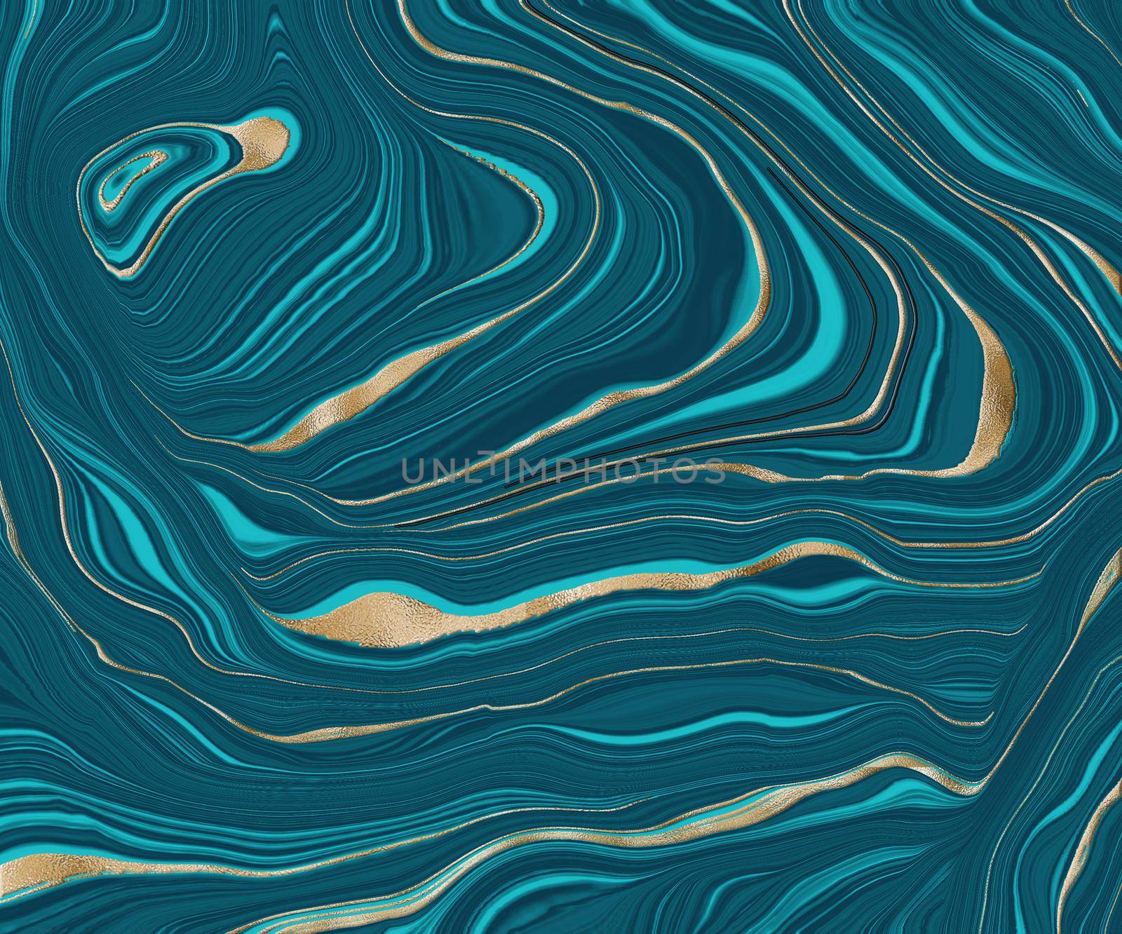 Agate stone texture with gold. Blue green turquoise Fluid marbling effect with gold vein. Abstract Agate Background. Illustration