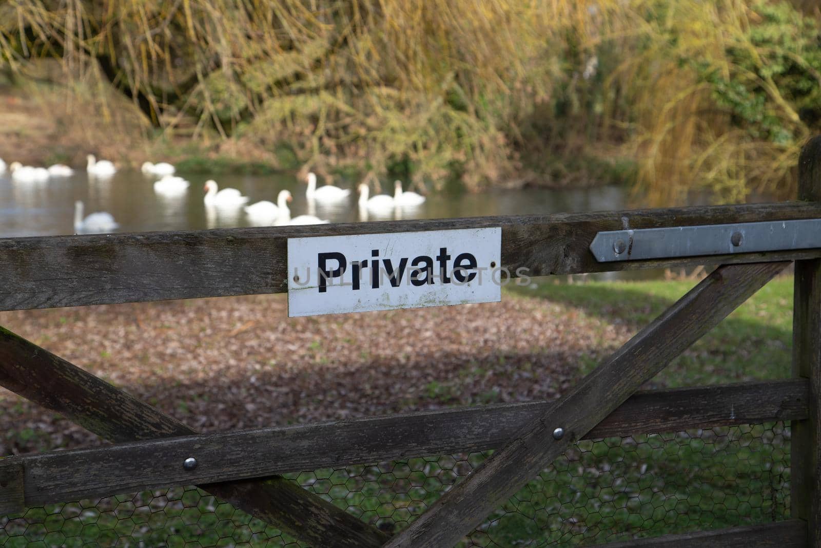 Private sign on farm wooden gate. Leading to spring meadow, field, swan lake. UK, Suffolk