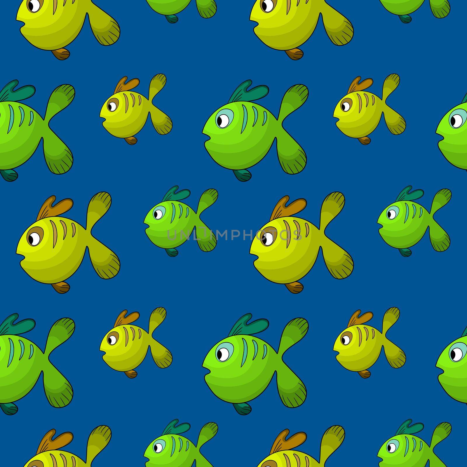 Seamless pattern with cute fish on blue background. Vector cartoon animals colorful illustration. Adorable character for cards, wallpaper, textile, fabric. Flat style. by allaku
