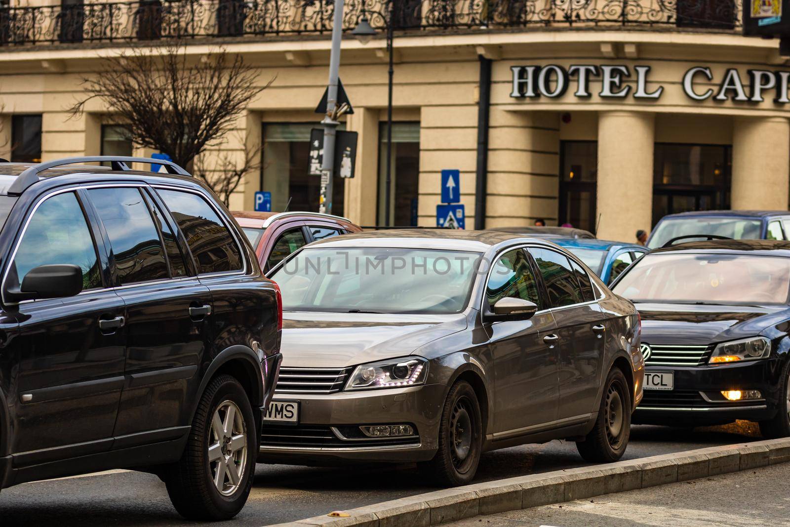 Car traffic at rush hour in downtown area of the city. Car pollution, traffic jam in the morning and evening in the capital city of Bucharest, Romania, 2020