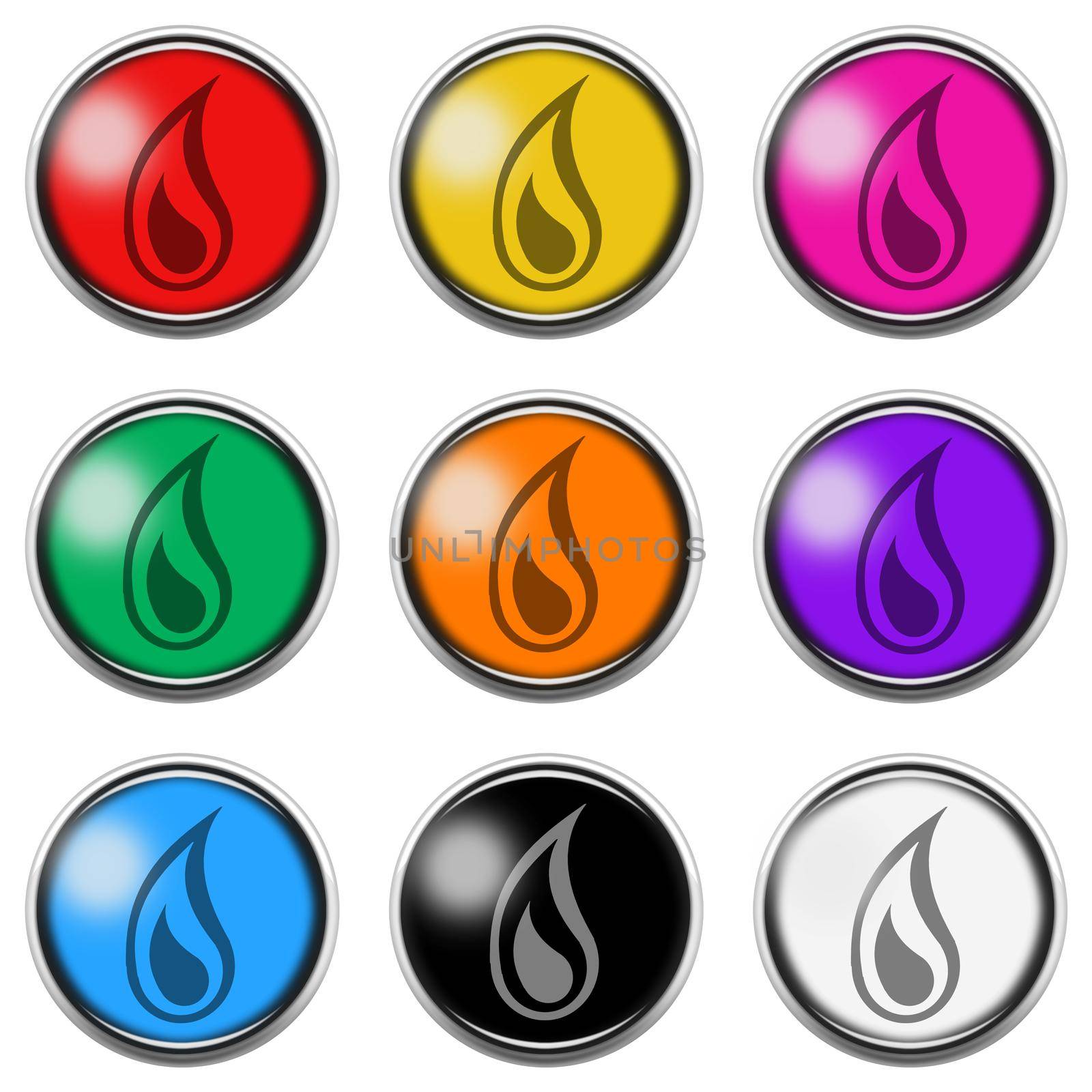 A Flame Fire sign button icon set isolated on white with clipping path 3d illustration