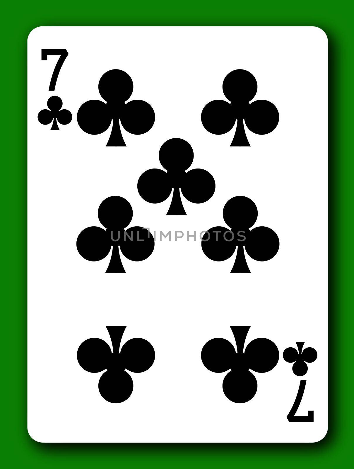 A 7 Seven of Clubs playing card with clipping path to remove background and shadow 3d illustration