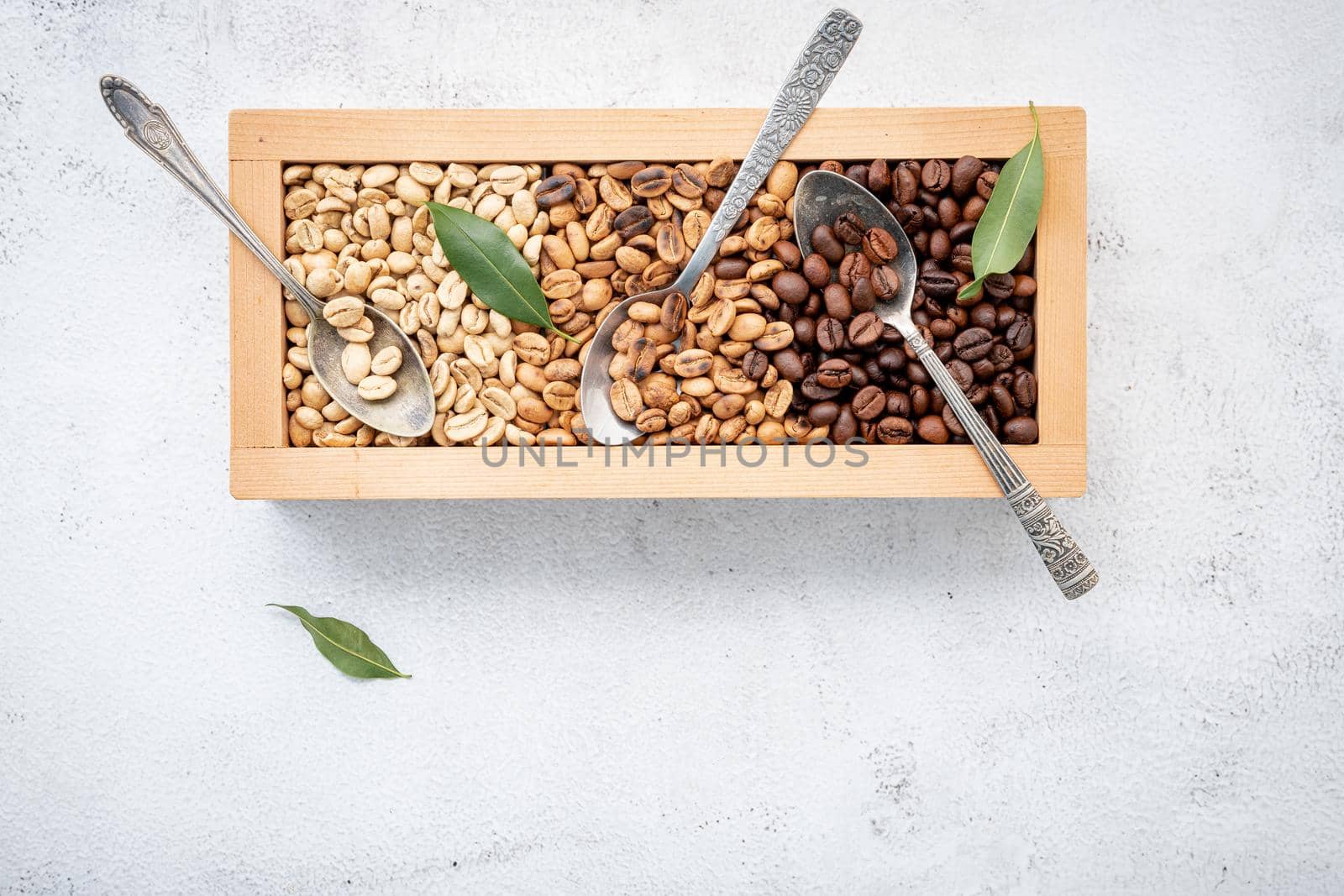 Green and brown decaf unroasted and dark roasted coffee beans in wooden box with scoops setup on white concrete background. with scoons setup on white concrete background.