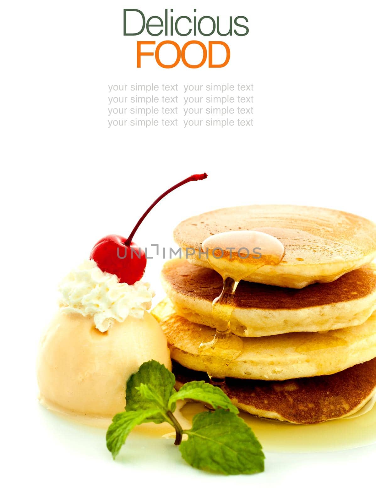 Stack of pancakes with syrup and ice cream. by kerdkanno