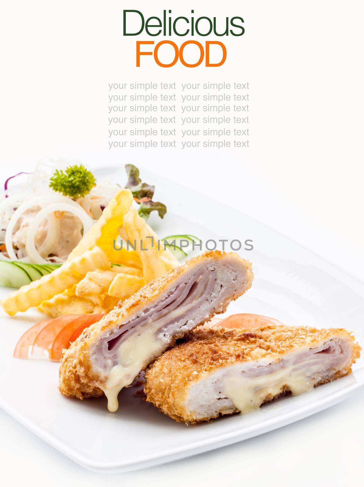 Pork cordon bleu with french fries.