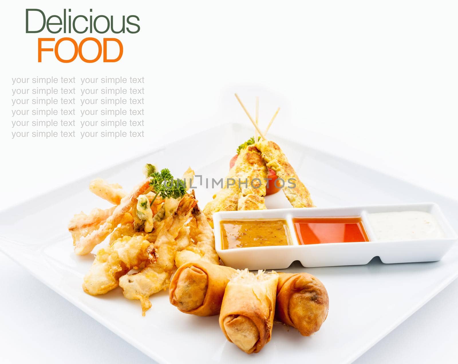 Thai favourites with spring roll vegetable,chicken satay,shrimp tempura. by kerdkanno