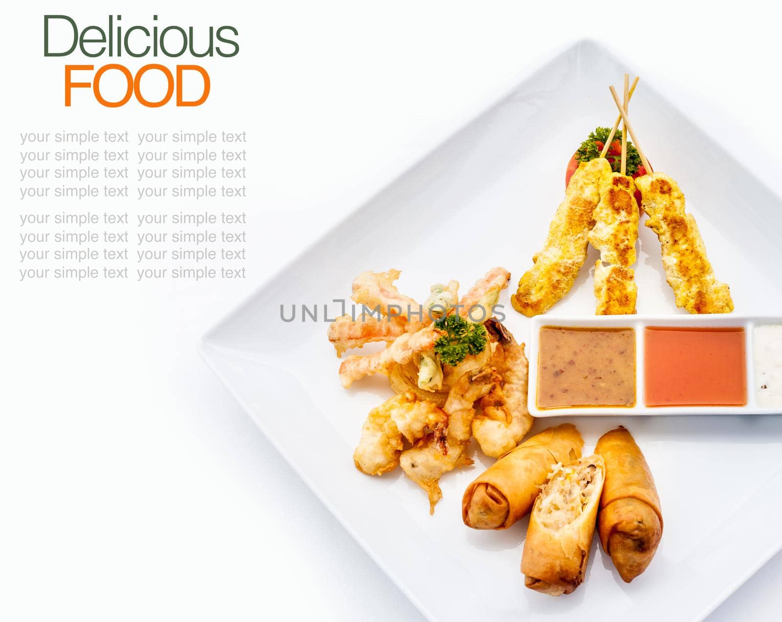 Thai favourites with spring roll vegetable,chicken satay,shrimp tempura.