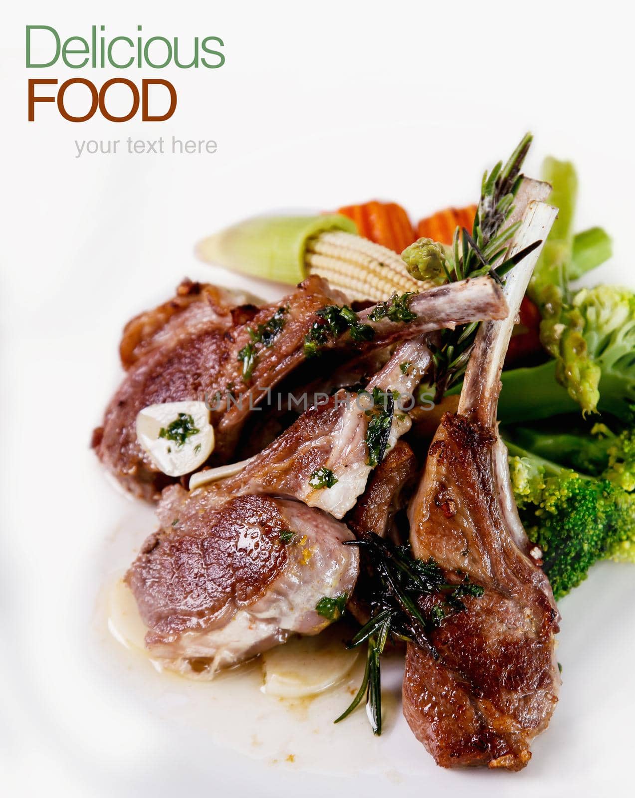 Roasted Lamb Chops with Vegetables and Basil.