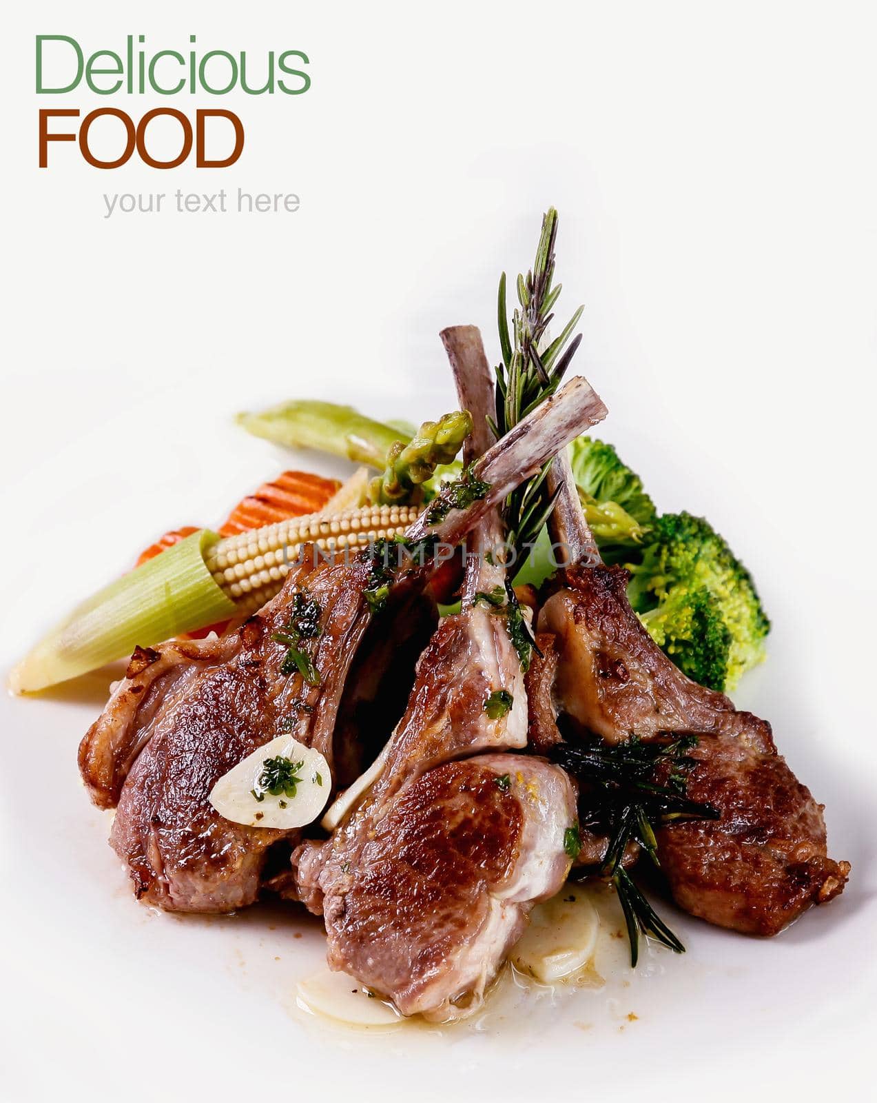 Roasted Lamb Chops with Vegetables and Basil.