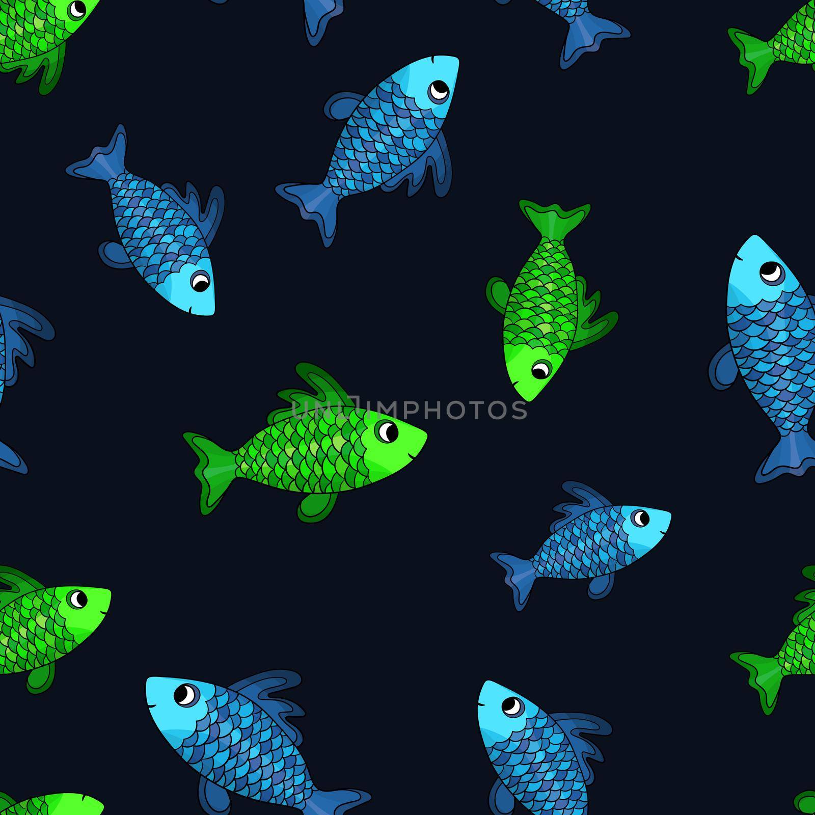 Seamless pattern with cute fish on dark background. Vector cartoon animals colorful illustration. Adorable character for cards, wallpaper, textile, fabric. Flat style.