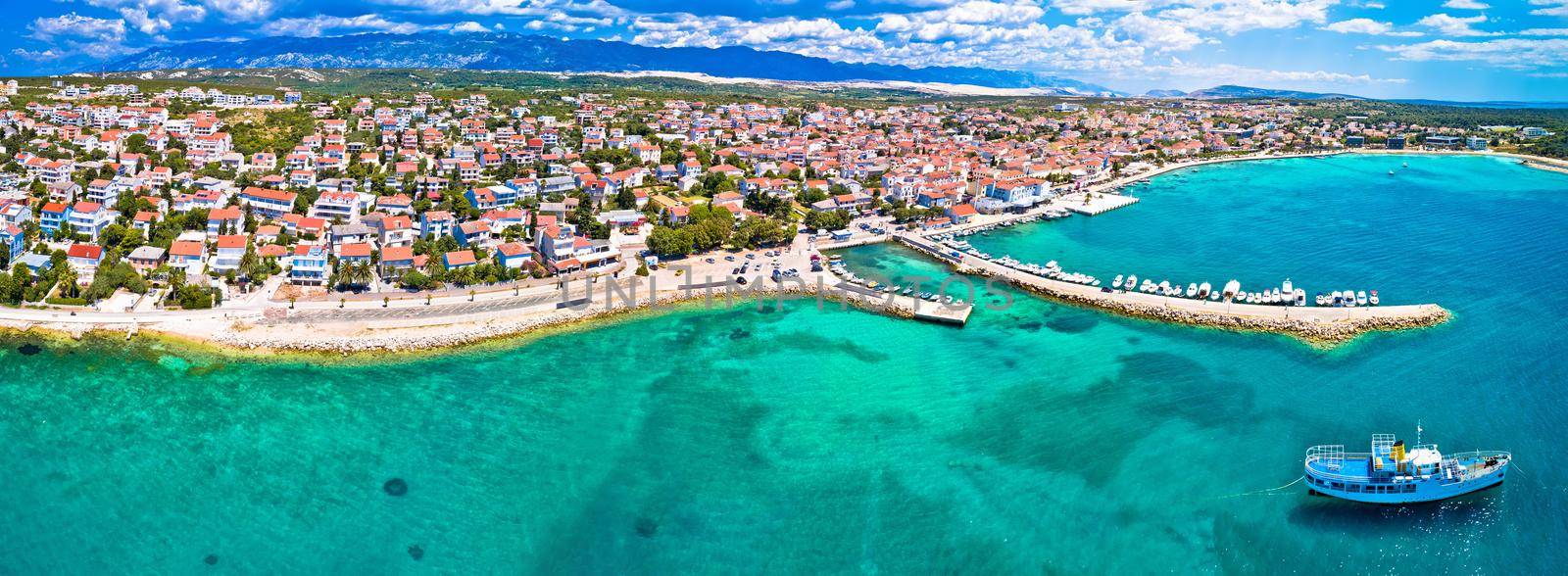 Town of Novalja beach and waterfront on Pag island aerial panoramic view, Dalmatia region of Croatia
