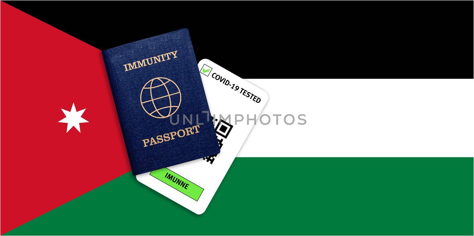 Concept of Immunity passport, certificate for traveling after pandemic for people who have had coronavirus or made vaccine and test result for COVID-19 on flag of Jordan
