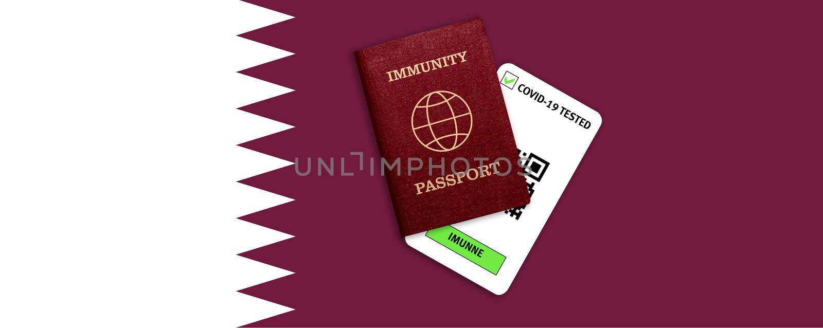 Immunity passport and test result for COVID-19 on flag of Qatar by galinasharapova