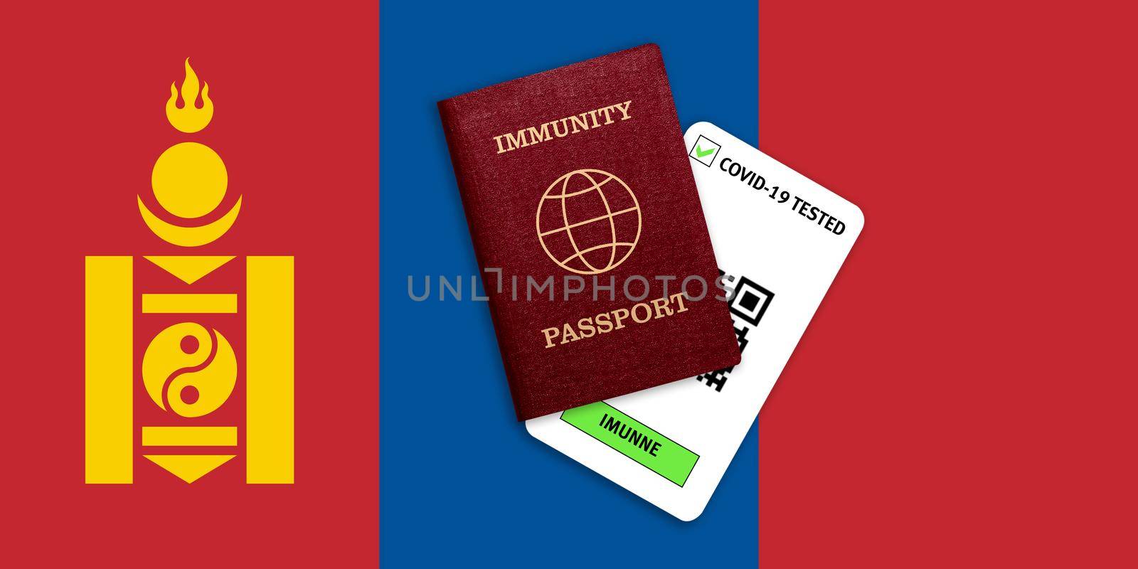 Immunity passport and test result for COVID-19 on flag of Mongolia by galinasharapova