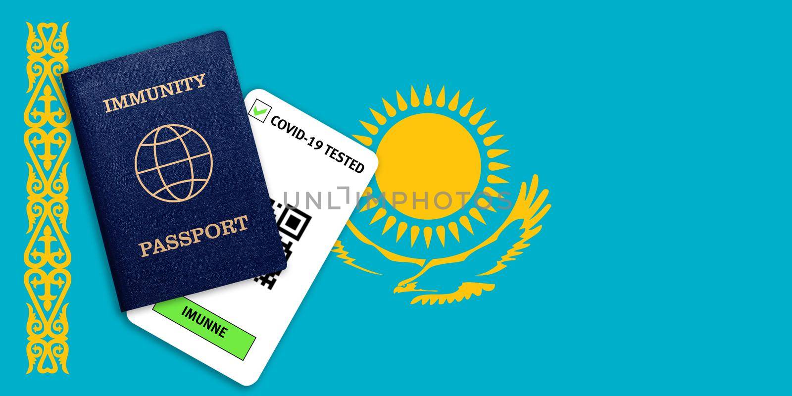 Immunity passport and test result for COVID-19 on flag of Kazakhstan by galinasharapova