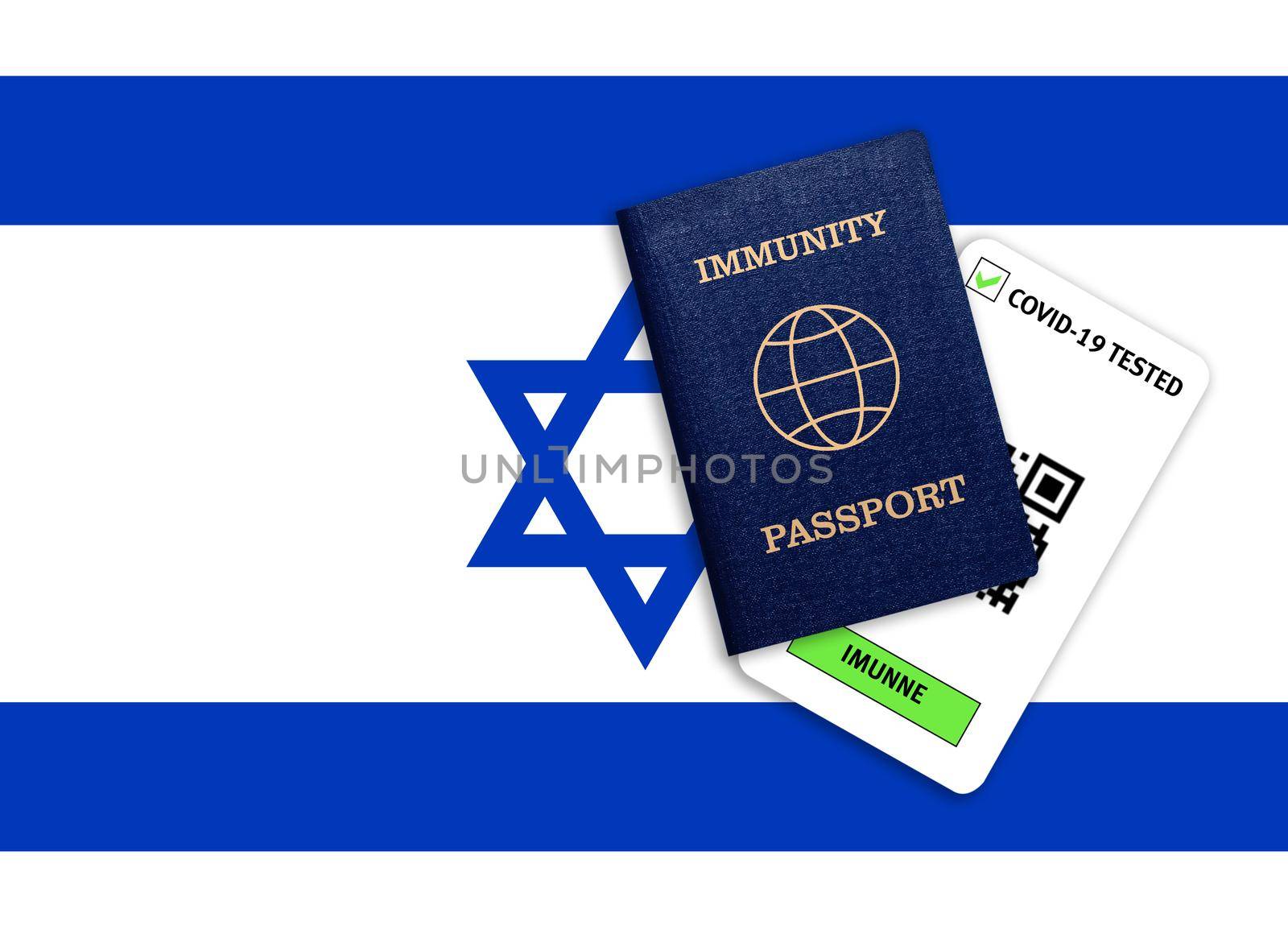 Immunity passport and test result for COVID-19 on flag of Israel by galinasharapova