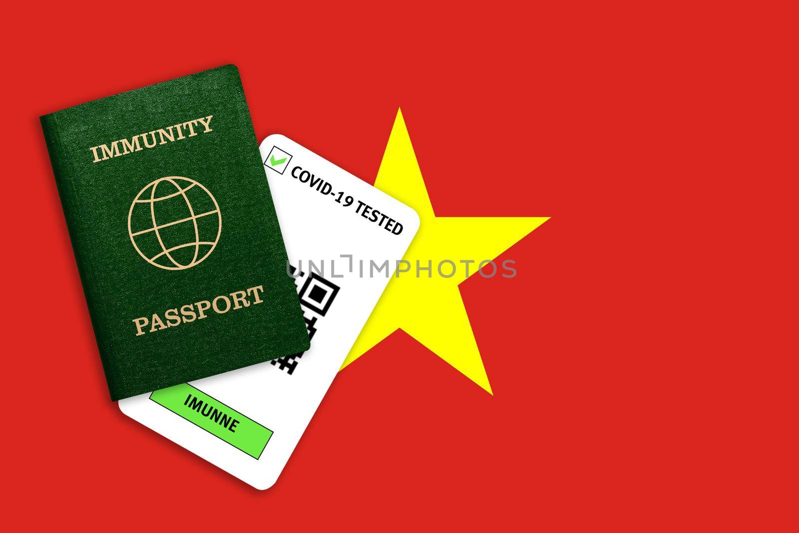 Concept of Immunity passport, certificate for traveling after pandemic for people who have had coronavirus or made vaccine and test result for COVID-19 on flag of Vietnam