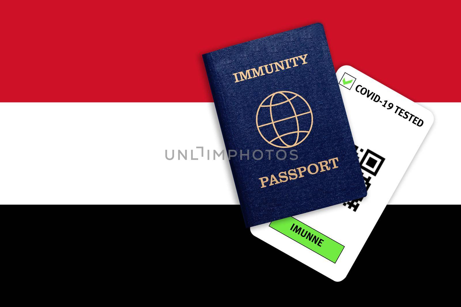 Immunity passport and test result for COVID-19 on flag of Yemen by galinasharapova