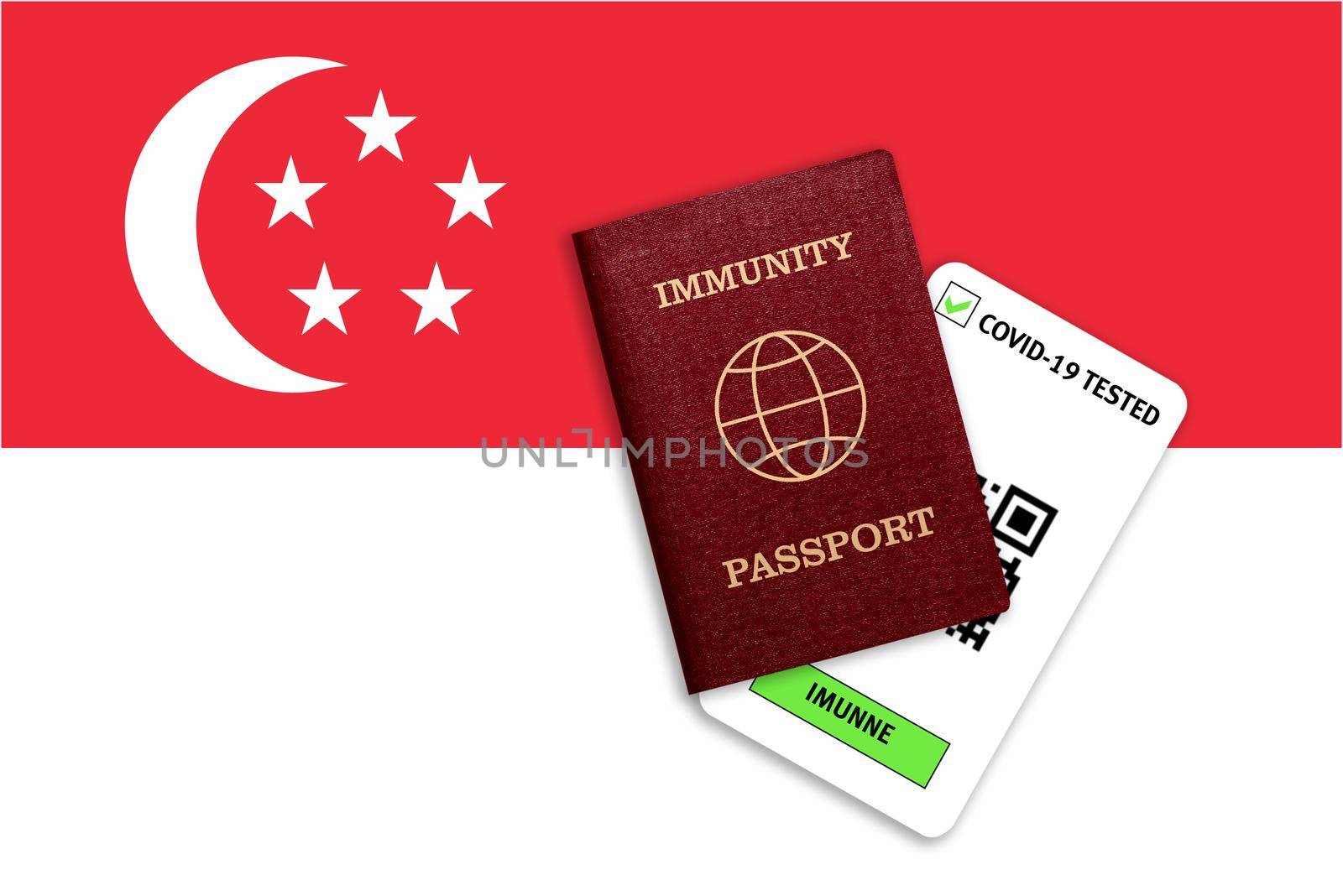 Immunity passport and test result for COVID-19 on flag of Singapore by galinasharapova