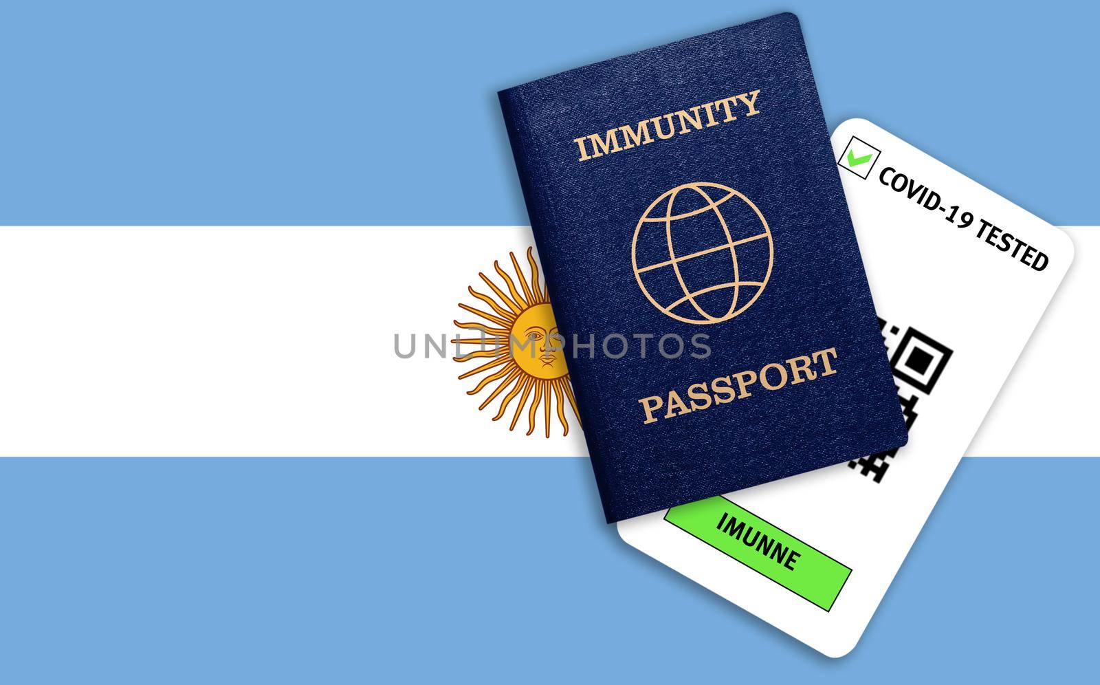 Concept of Immunity passport, certificate for traveling after pandemic for people who have had coronavirus or made vaccine and test result for COVID-19 on flag of Argentina