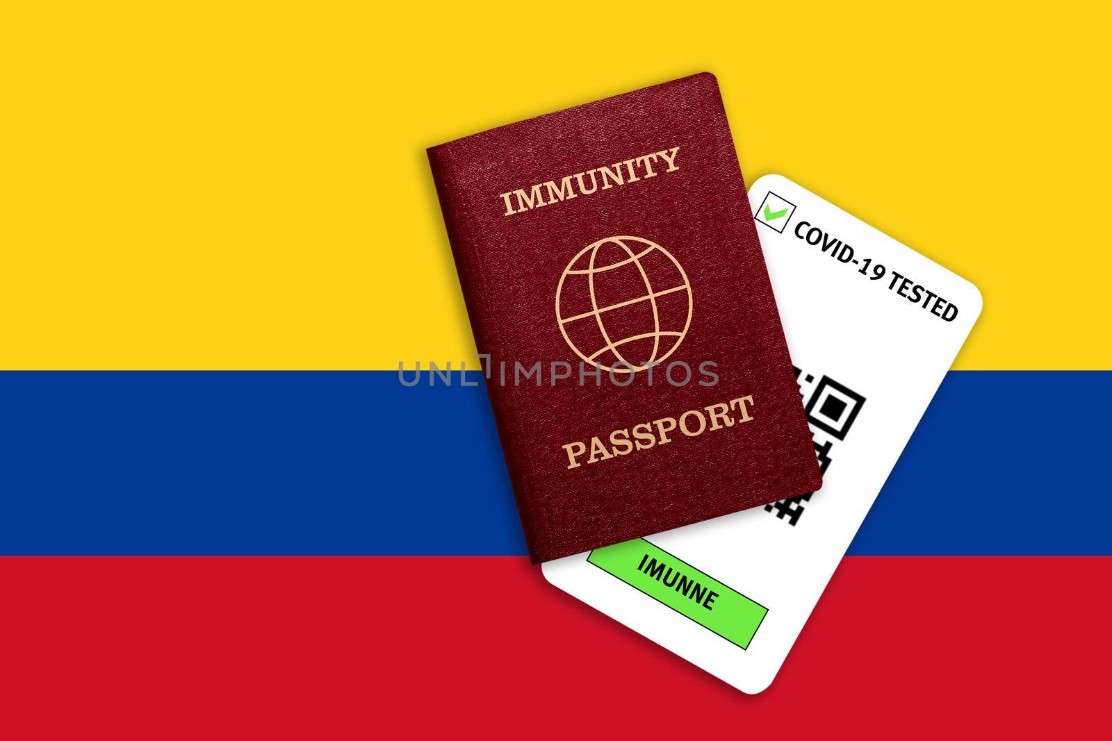 Immunity passport and test result for COVID-19 on flag of Colombia by galinasharapova