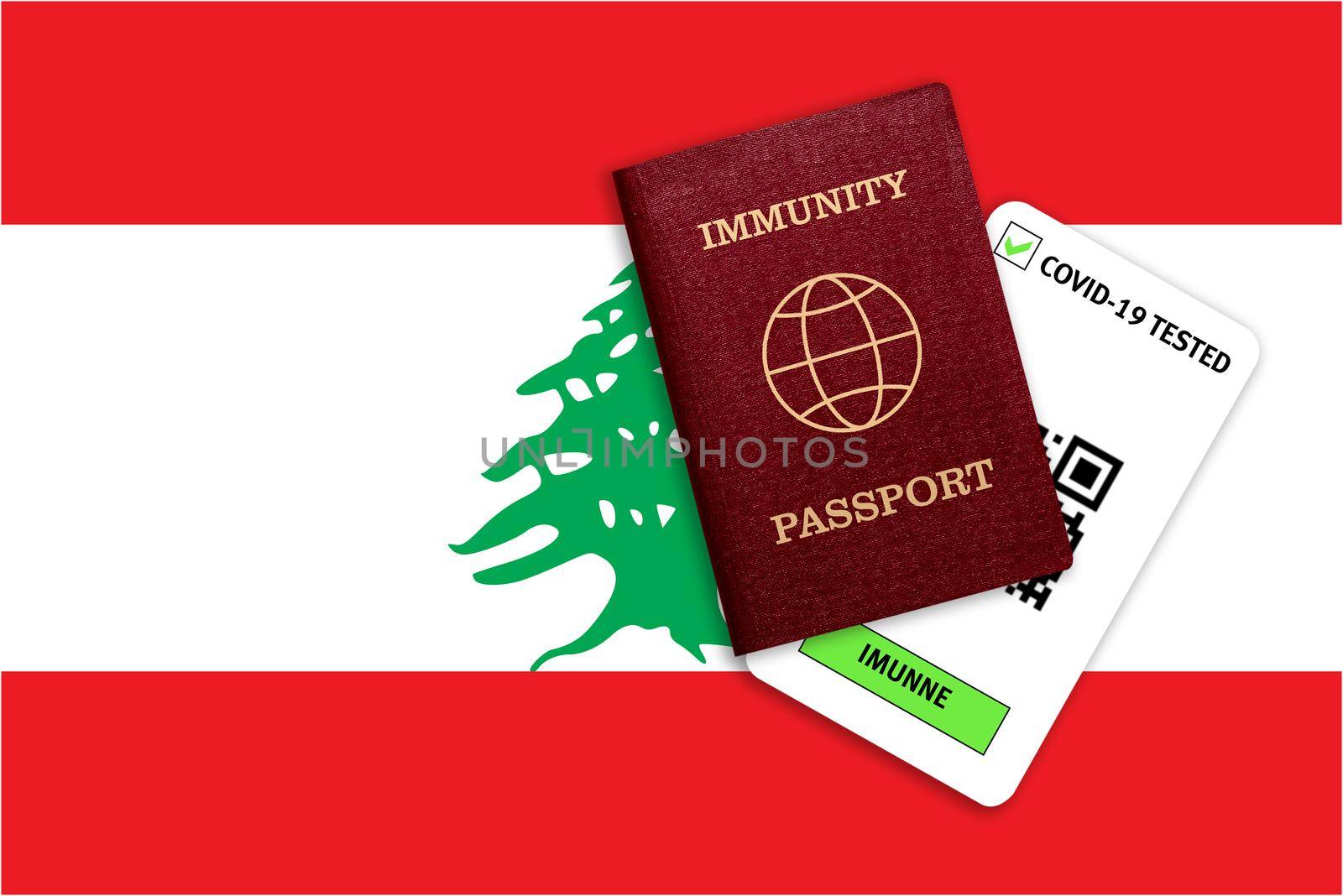 Concept of Immunity passport, certificate for traveling after pandemic for people who have had coronavirus or made vaccine and test result for COVID-19 on flag of Lebanon