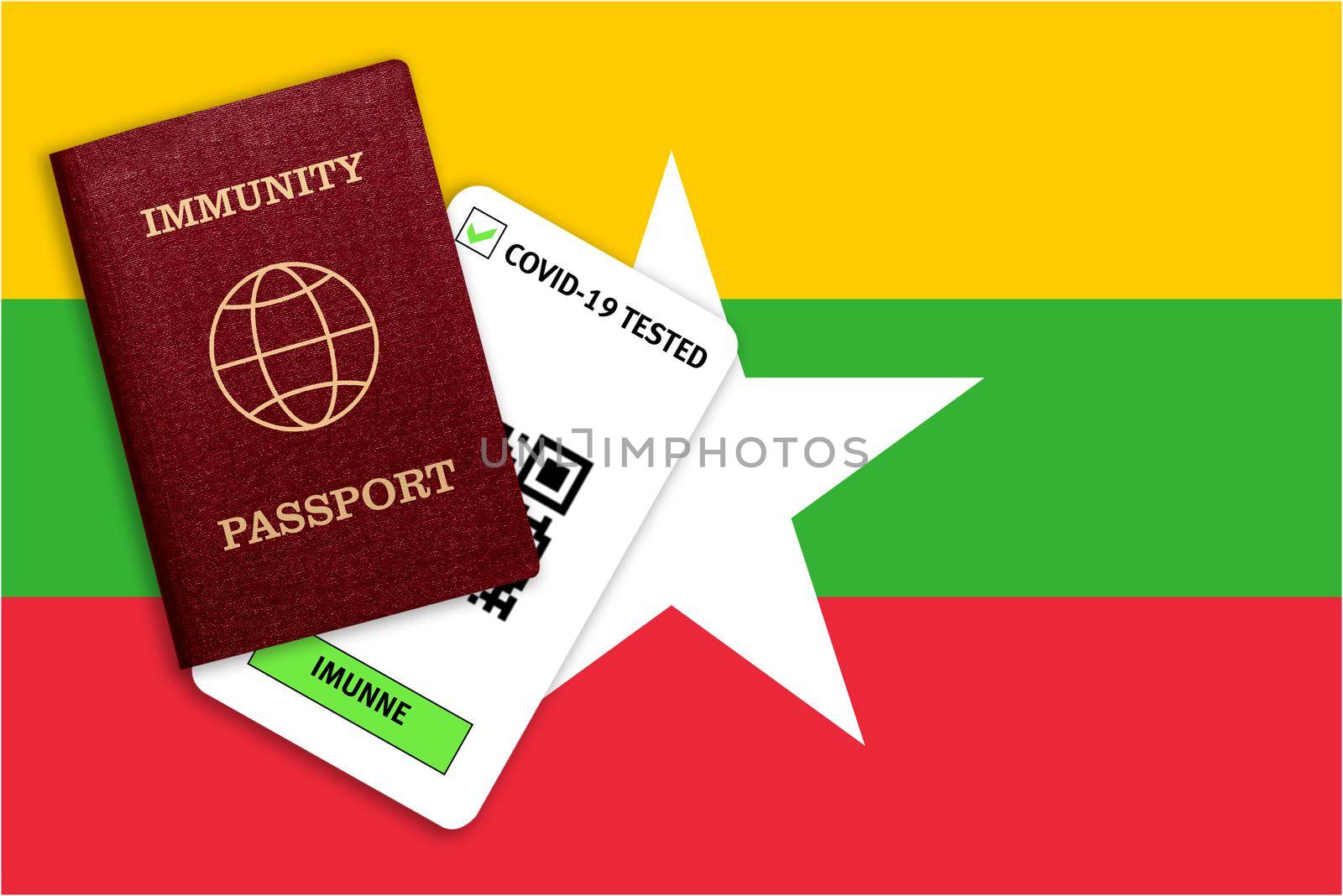 Immunity passport and test result for COVID-19 on flag of Myanmar by galinasharapova