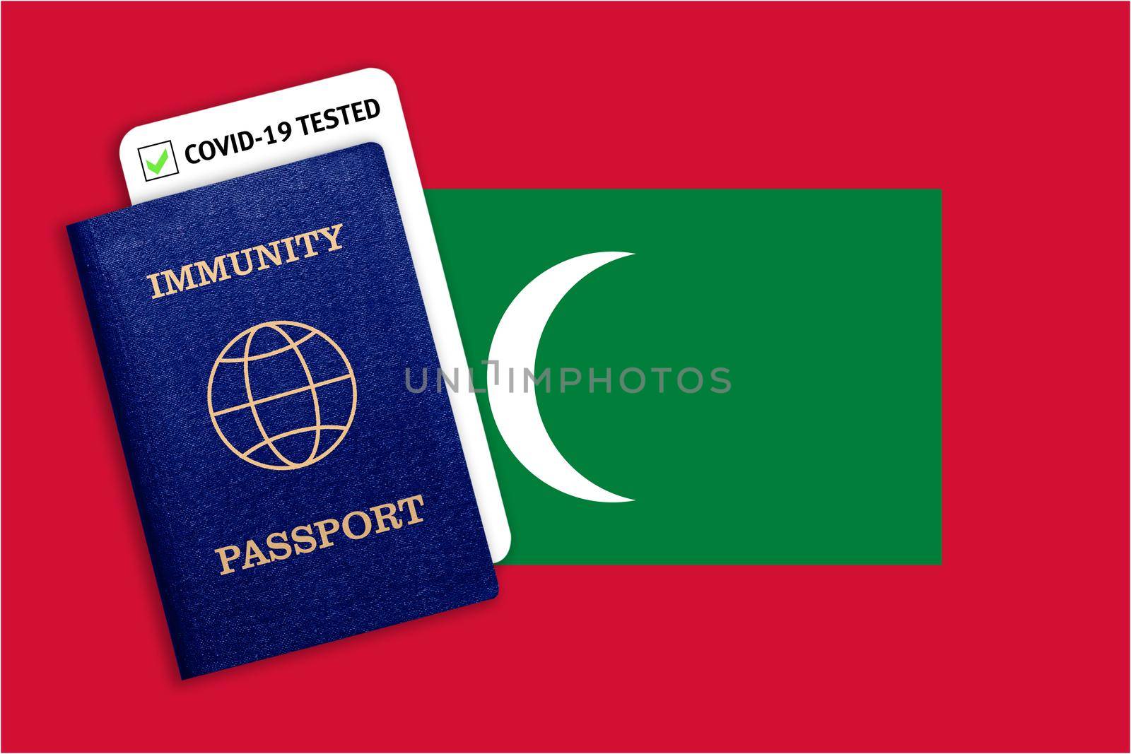 Concept of Immunity passport, certificate for traveling after pandemic for people who have had coronavirus or made vaccine and test result for COVID-19 on flag of Maldives