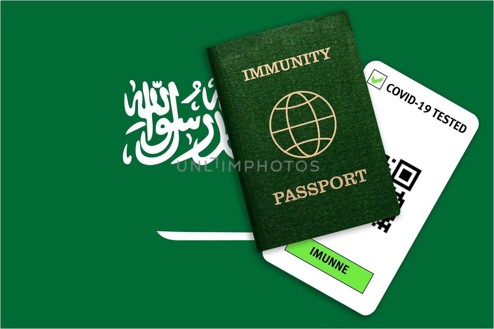 Concept of Immunity passport, certificate for traveling after pandemic for people who have had coronavirus or made vaccine and test result for COVID-19 on flag of Saudi Arabia