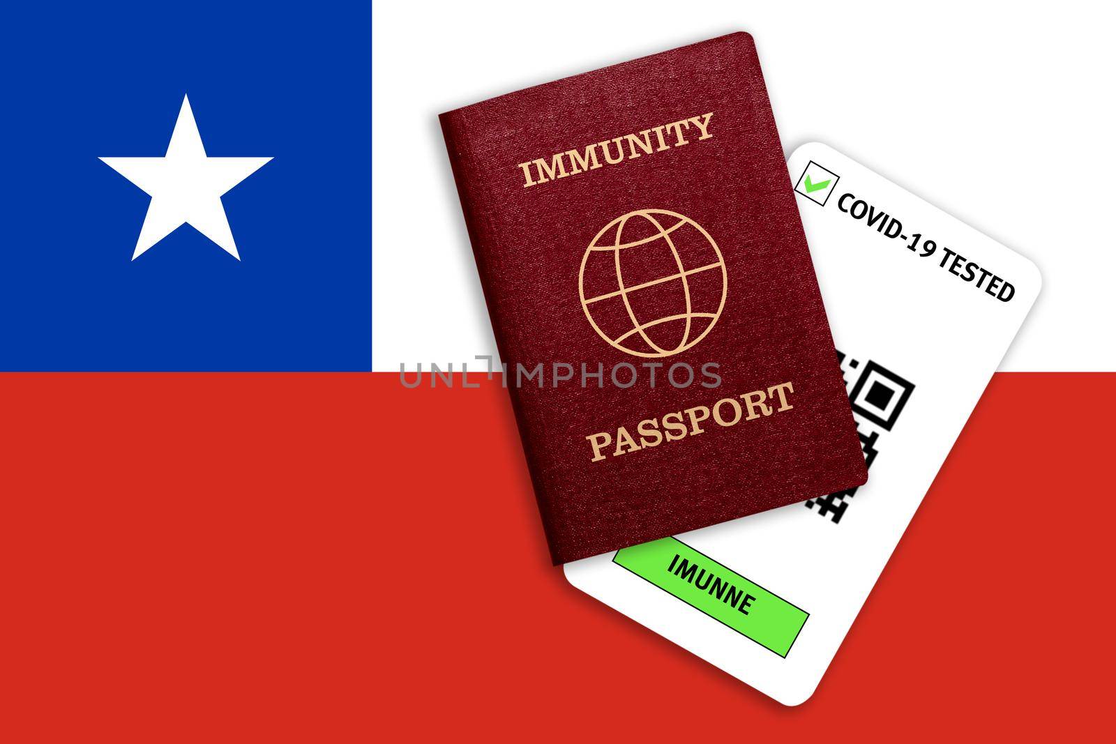 Concept of Immunity passport, certificate for traveling after pandemic for people who have had coronavirus or made vaccine and test result for COVID-19 on flag of Chilie