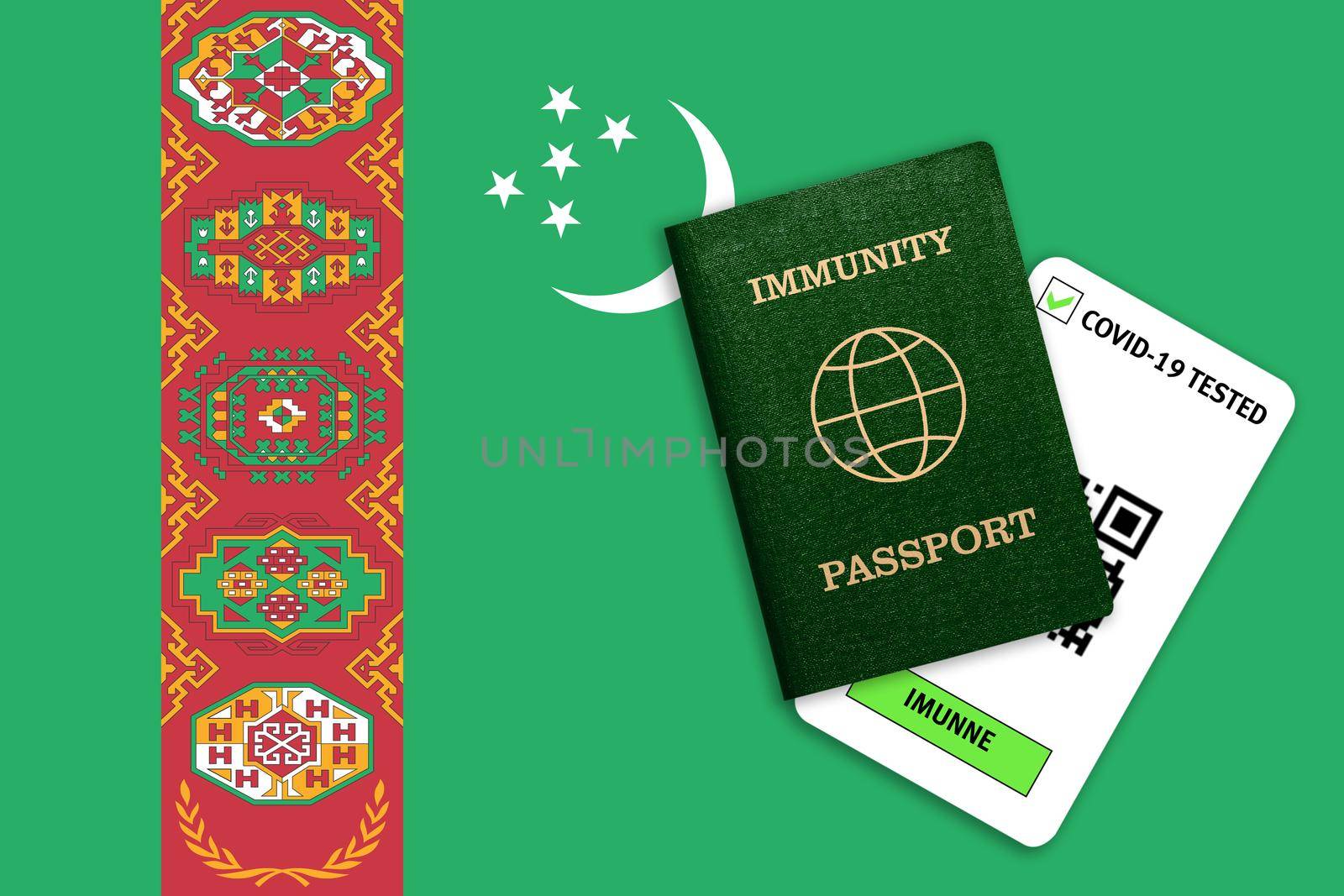 Concept of Immunity passport, certificate for traveling after pandemic for people who have had coronavirus or made vaccine and test result for COVID-19 on flag of Turkmenistan