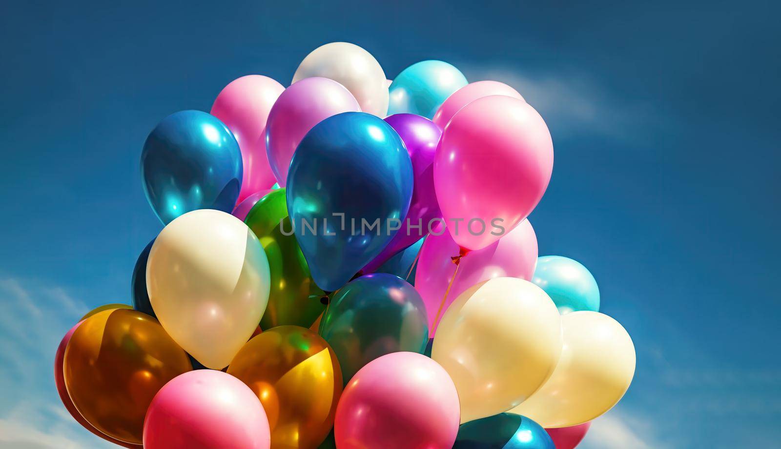 Lots of colorful balloons on the blue sky background with clouds