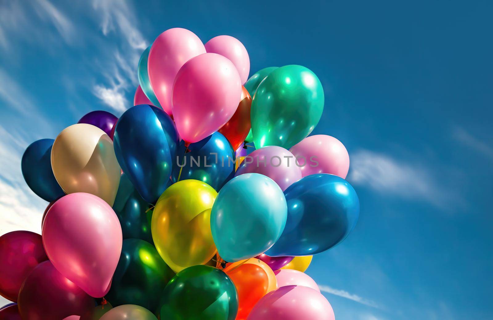Lots of colorful balloons on the blue sky background with clouds