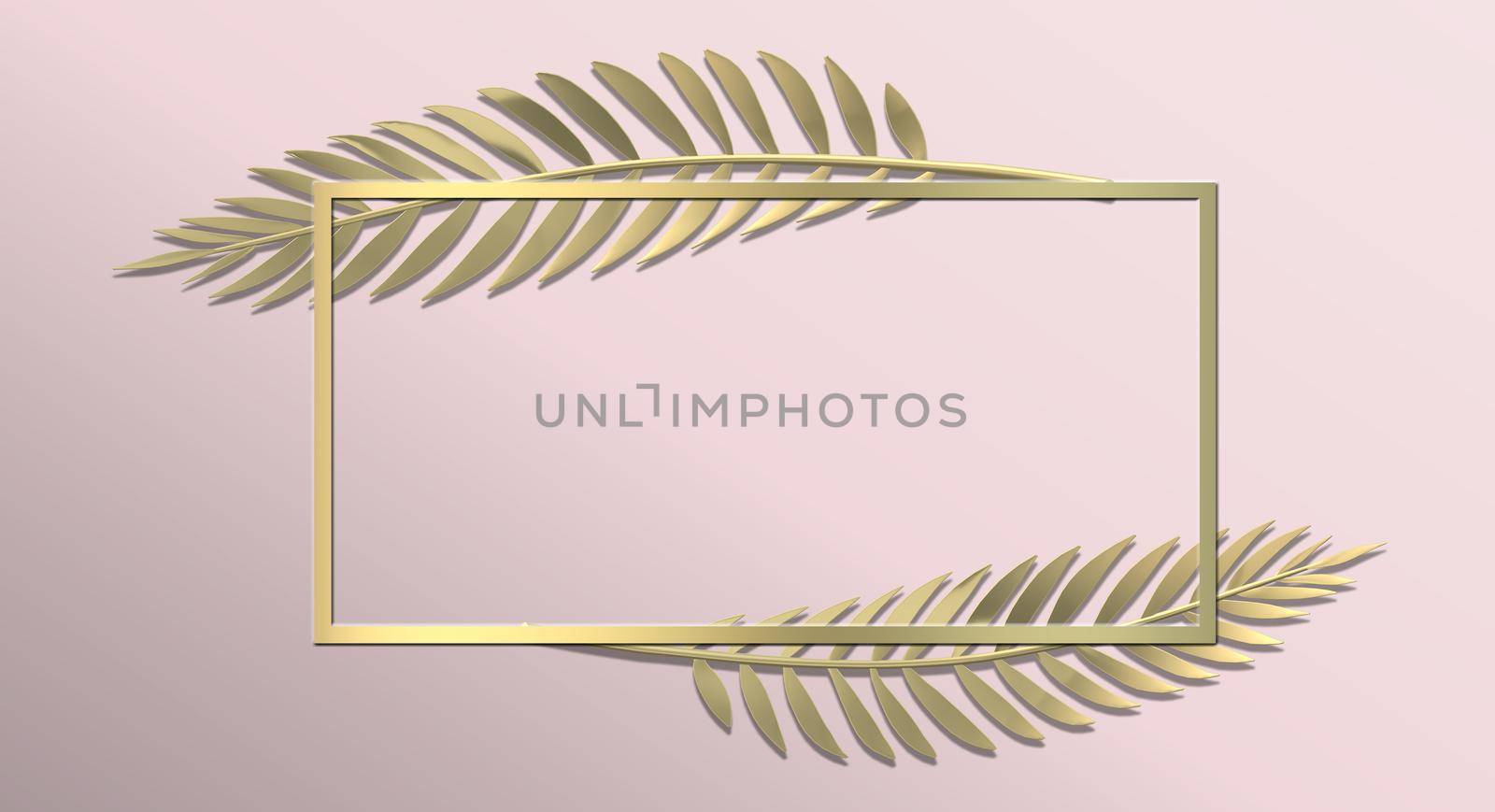 Botanical background. Abstract floral design in gold pink colour. Modern leaves design with frame for mock up. Horizontal 3D illustration