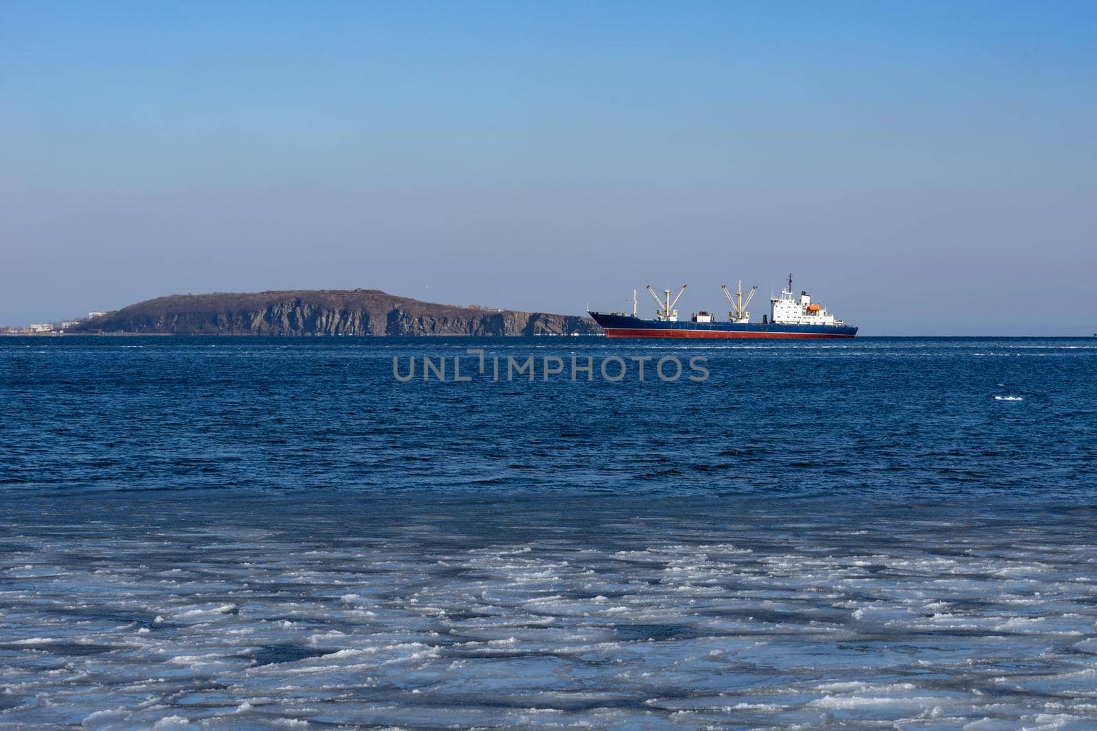 Ship cargo ship on the background of the seascape. Vladivostok, Russia