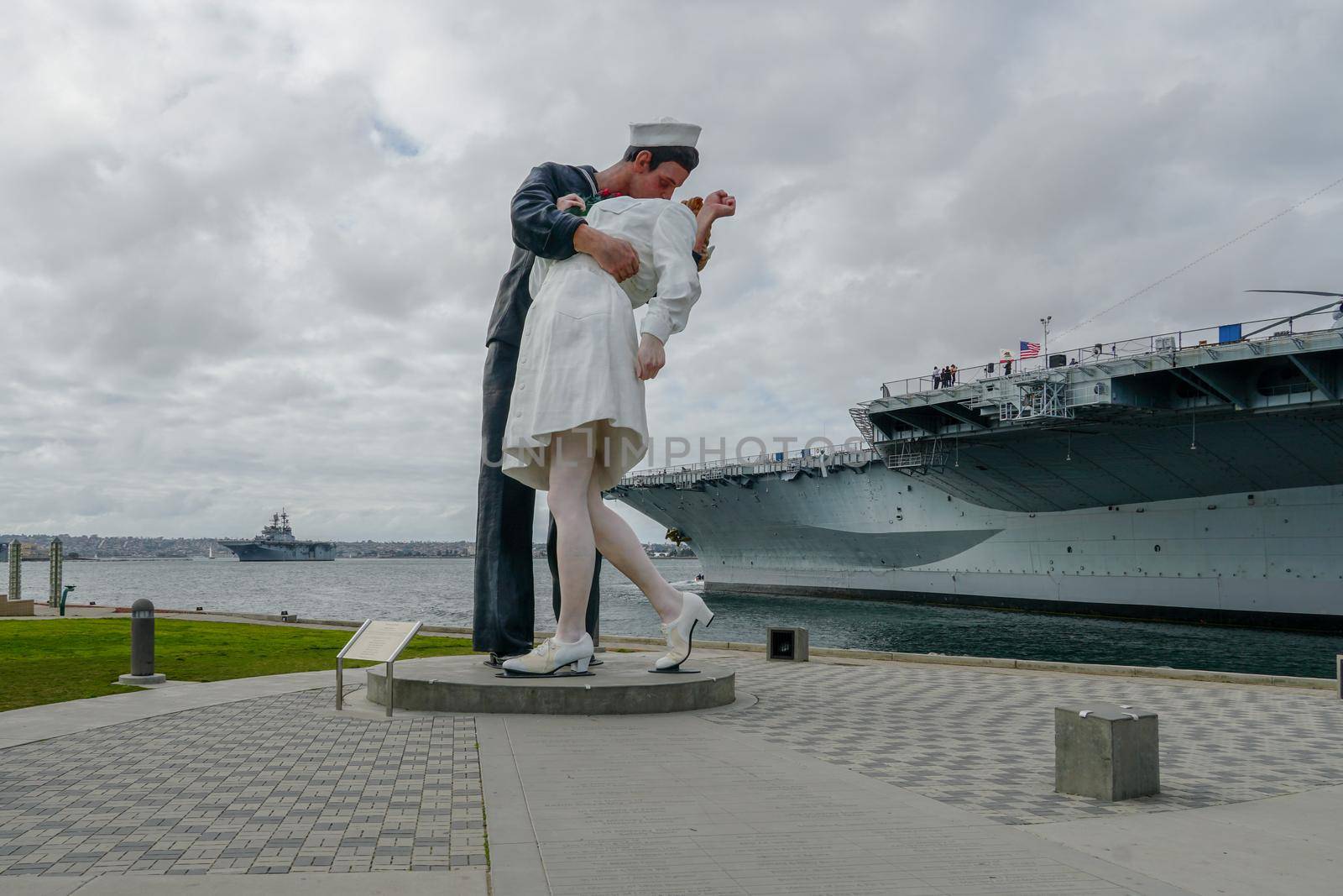 Kissing sailor statue, Port of San Diego. also known as Unconditional Surrender, recreates famous embrace between a sailor and a nurse celebrating the end of second world war. USA. February 12, 2021