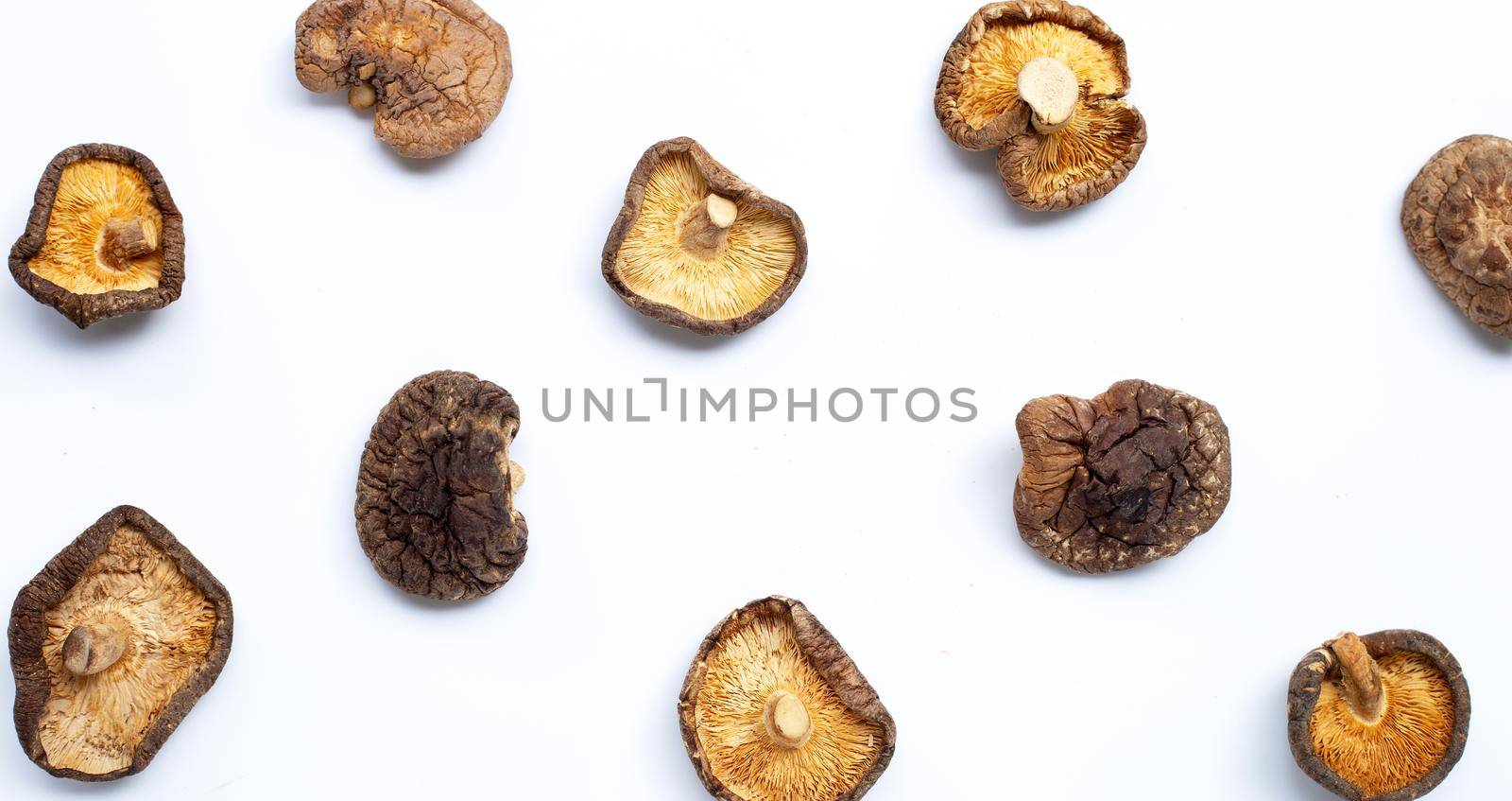 Dried shiitake mushrooms on white background. Topview