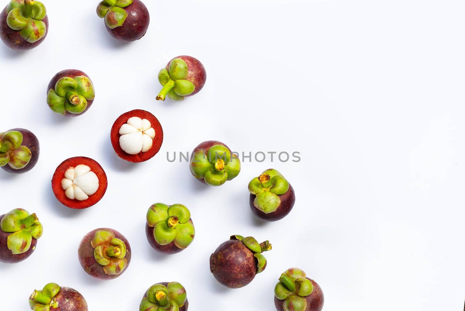 Mangosteen on white background. Top view