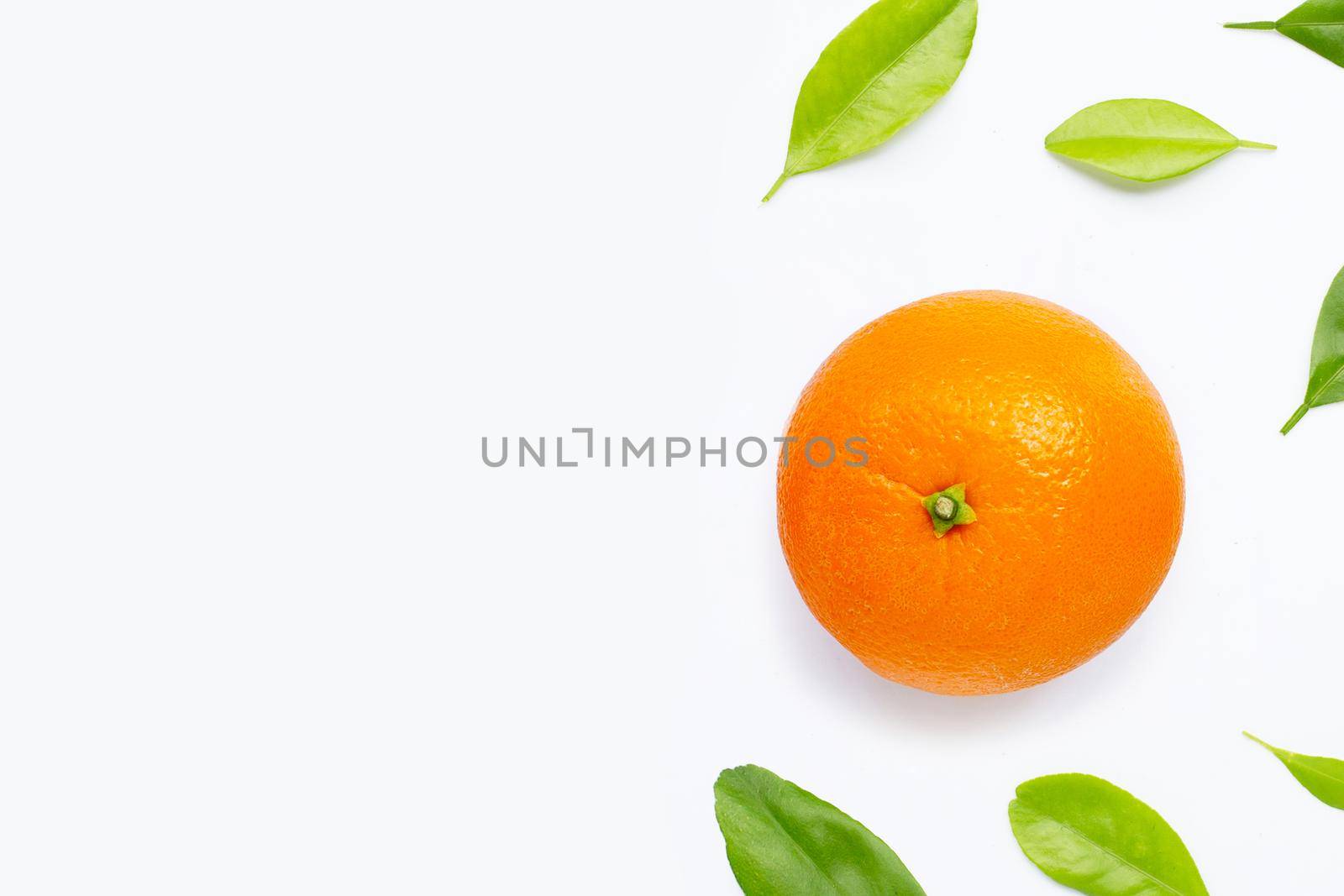 High vitamin C, JFresh orange fruit with green leaves  on white background.